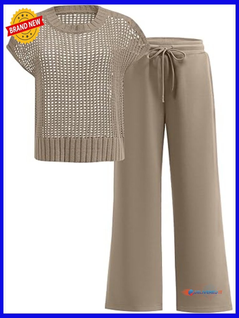 Women's Two Piece Outfits Crochet Sheer Knit Sweater Top Wide Leg Pants Lounge - Picture 1 of 7